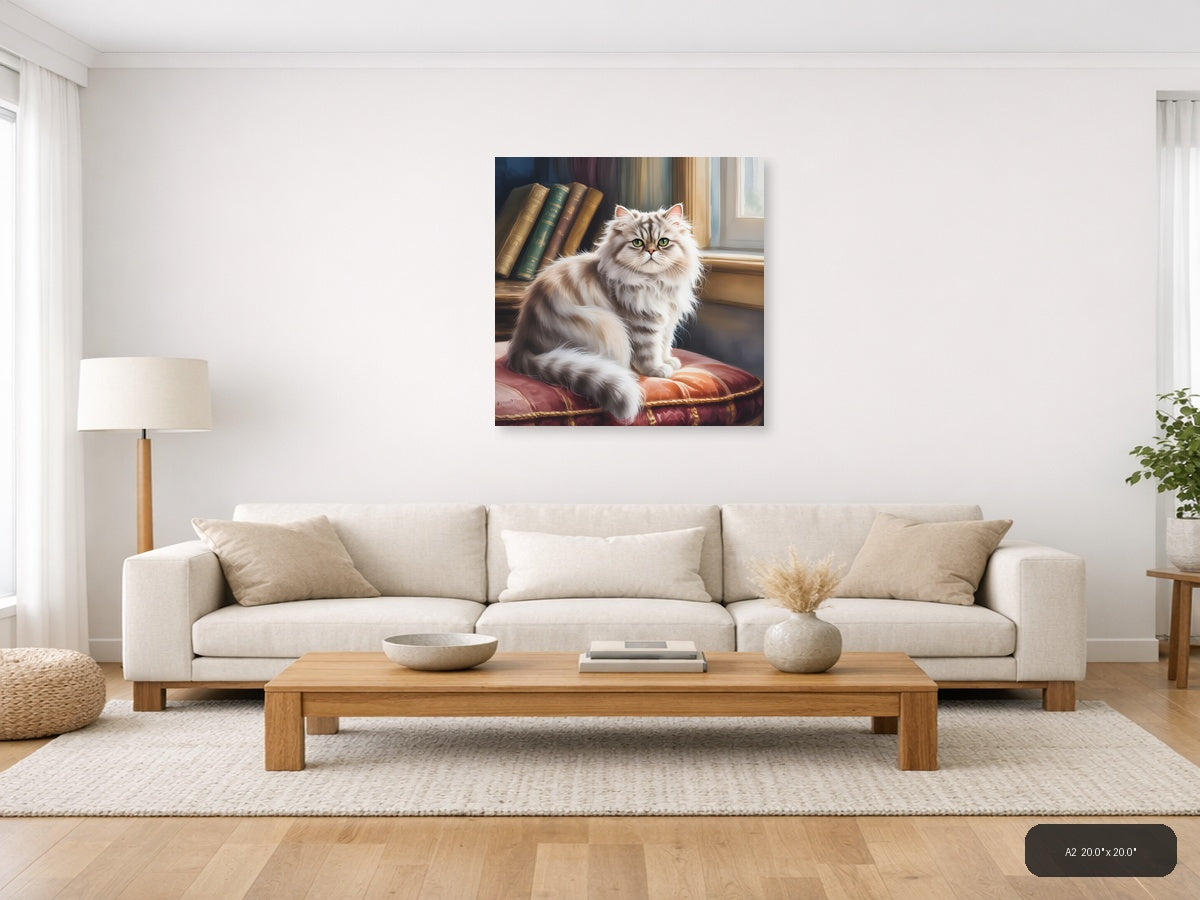 Fluffy White Cat by Books Watercolor Wall Art — A2 / Living Room