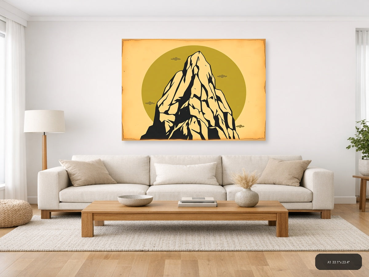 Vintage Mountain Peak Against Gold Sky Wall Art — A1 / Living Room