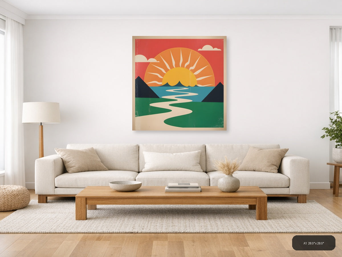 Vintage Sunset Landscape with River - Retro Wall Art — A1 / Living Room