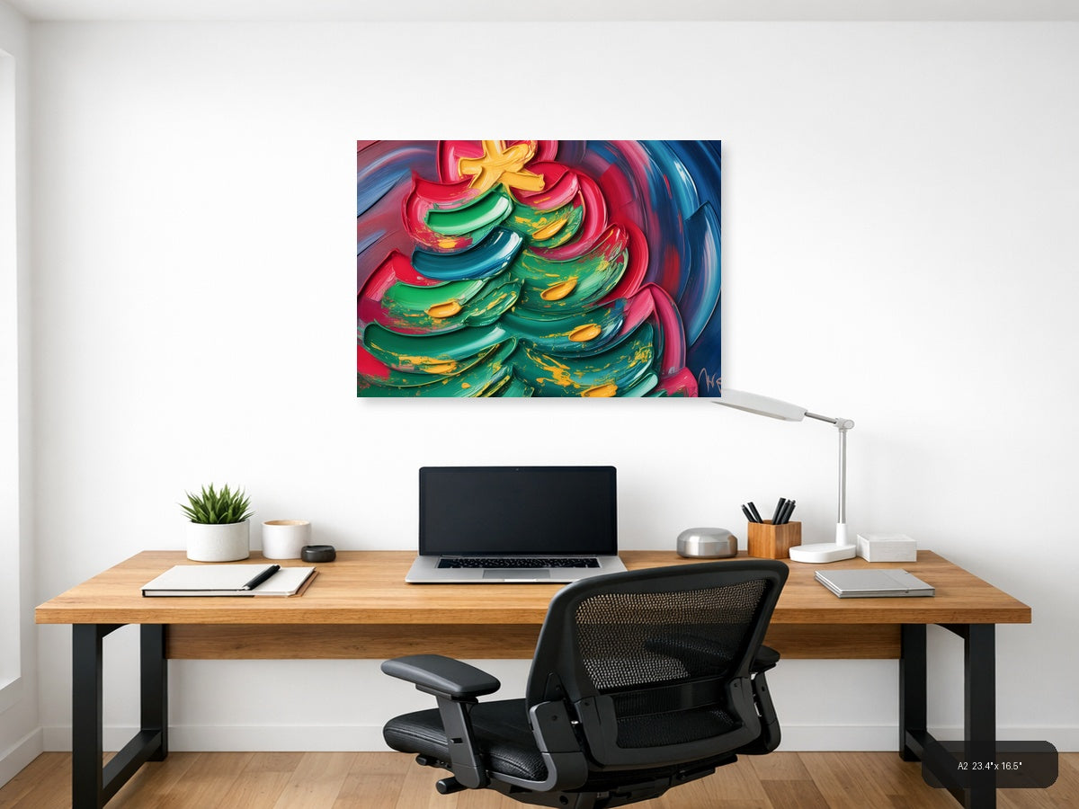 Colorful Abstract Christmas Tree with Neon Brushstrokes Wall Art — A2 / Office