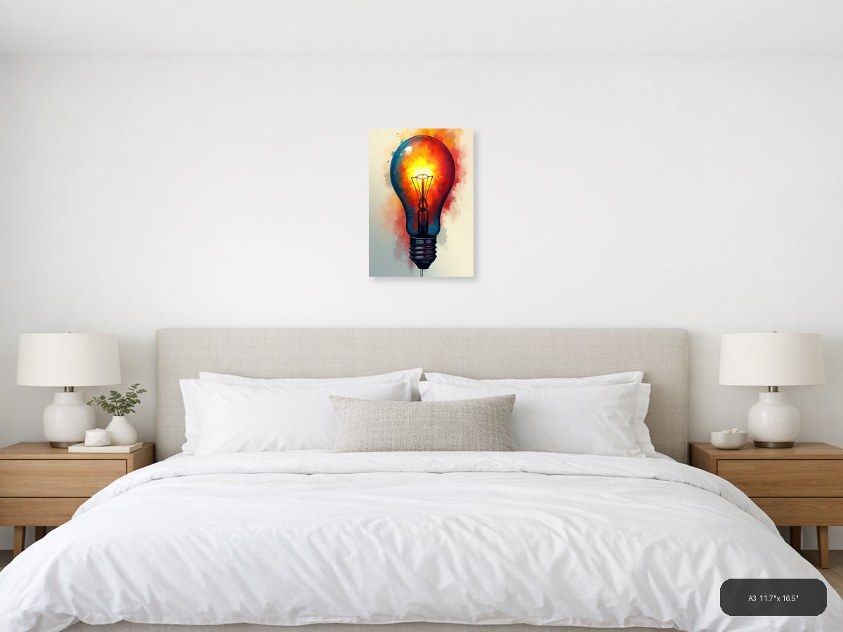 Glowing Lightbulb Abstract Watercolor Wall Art — A3 / Bedroom