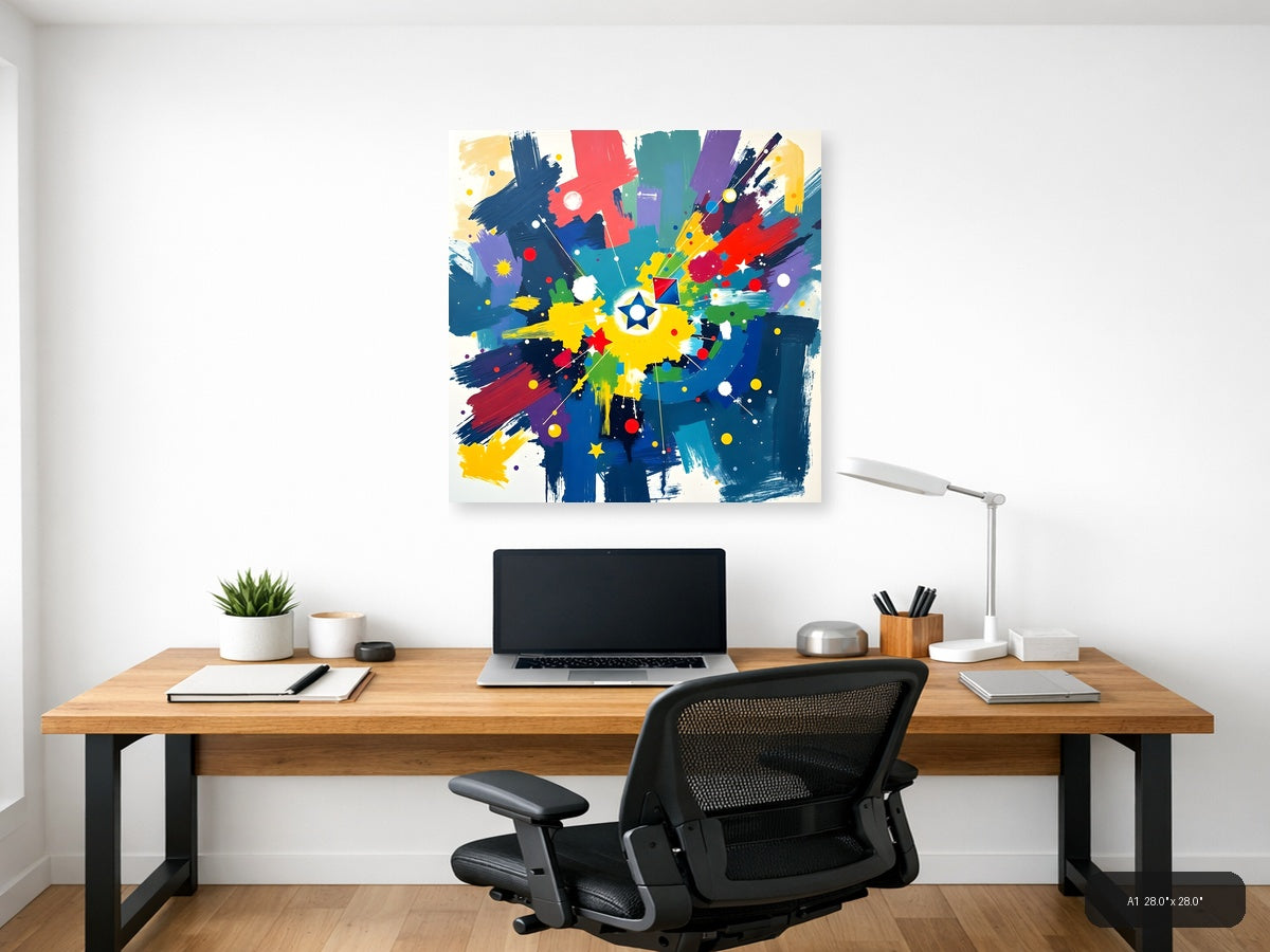 Vibrant Abstract Starburst with Colorful Brushstrokes Wall Art — A1 / Office