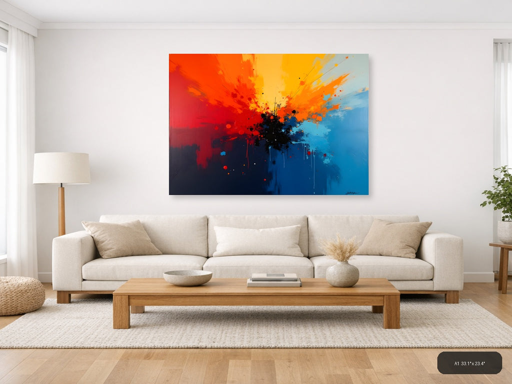 Abstract Explosion Blue Orange Red Splatter Wall Art — A1 / Living Room