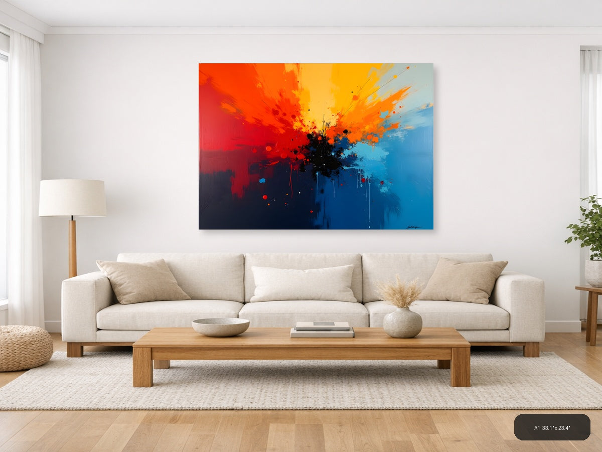 Abstract Explosion Blue Orange Red Splatter Wall Art — A1 / Living Room