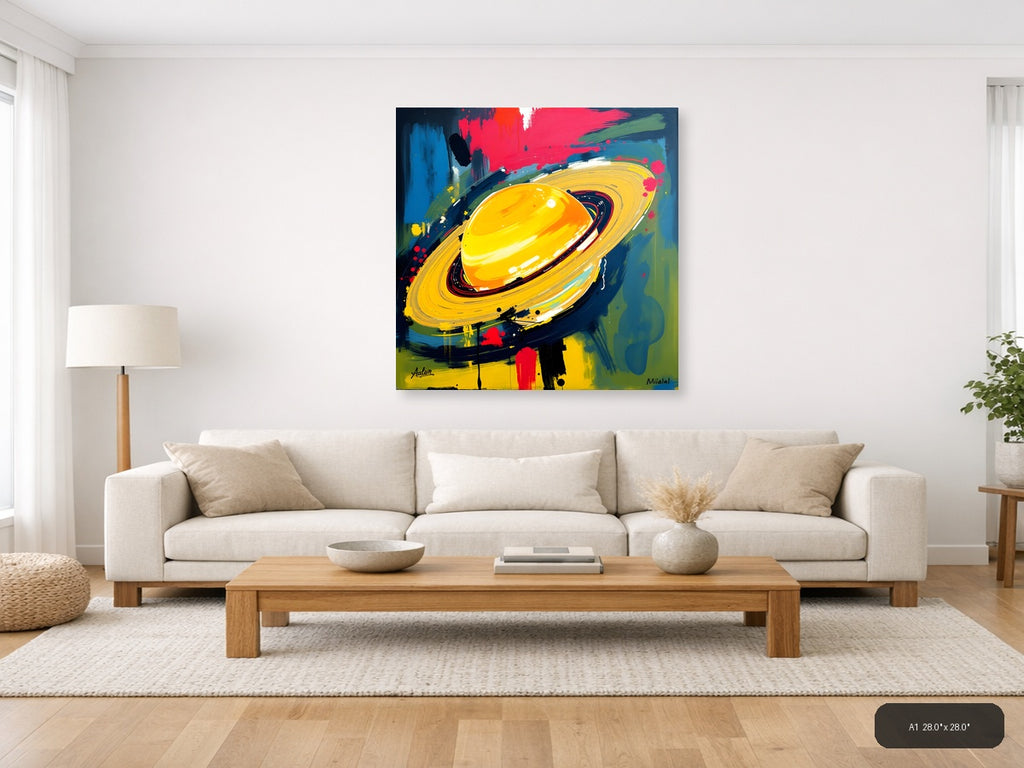 Abstract Yellow Planet with Rings - Modern Space Wall Art — A1 / Living Room