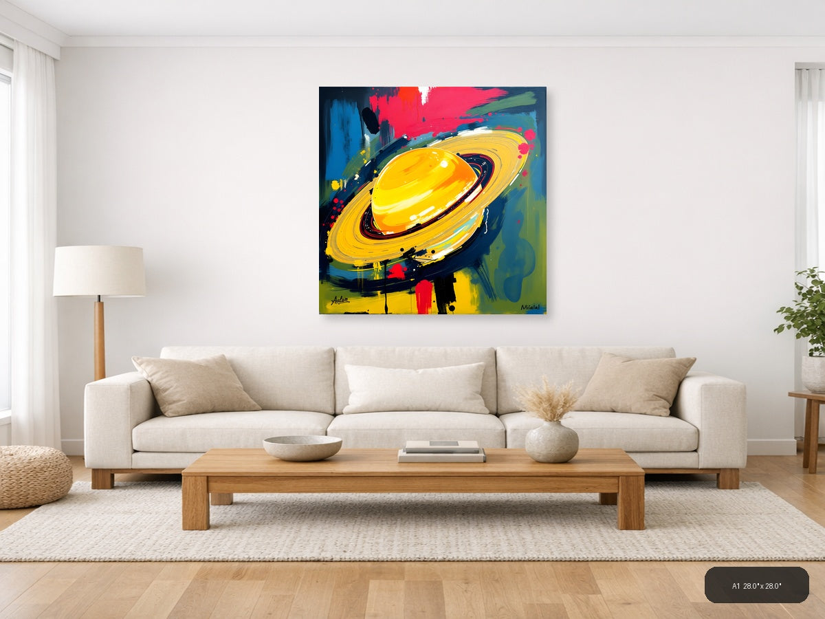 Abstract Yellow Planet with Rings - Modern Space Wall Art — A1 / Living Room