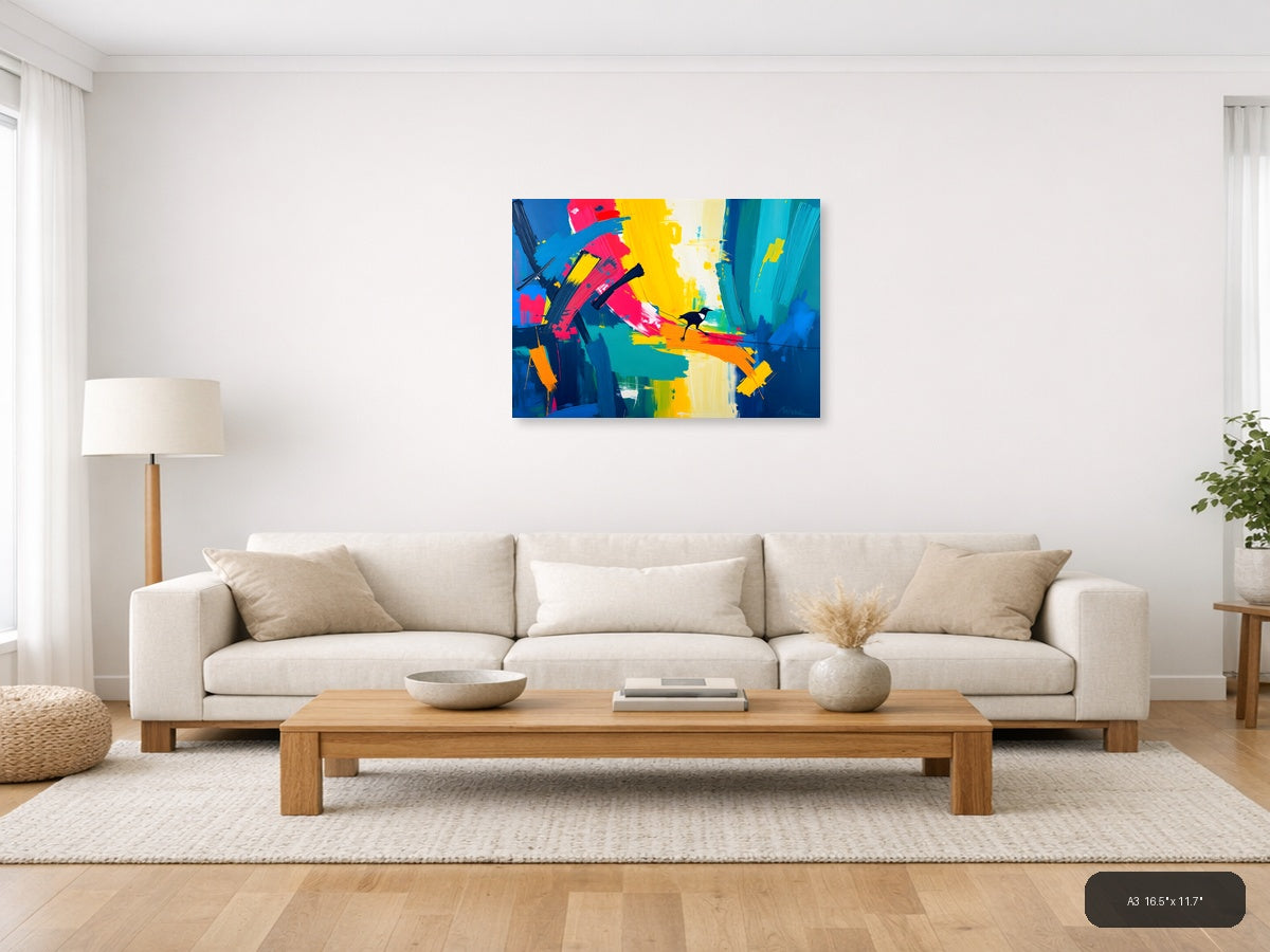 Colorful Abstract Bird on Rainbow Brushstrokes Wall Art — A3 / Living Room