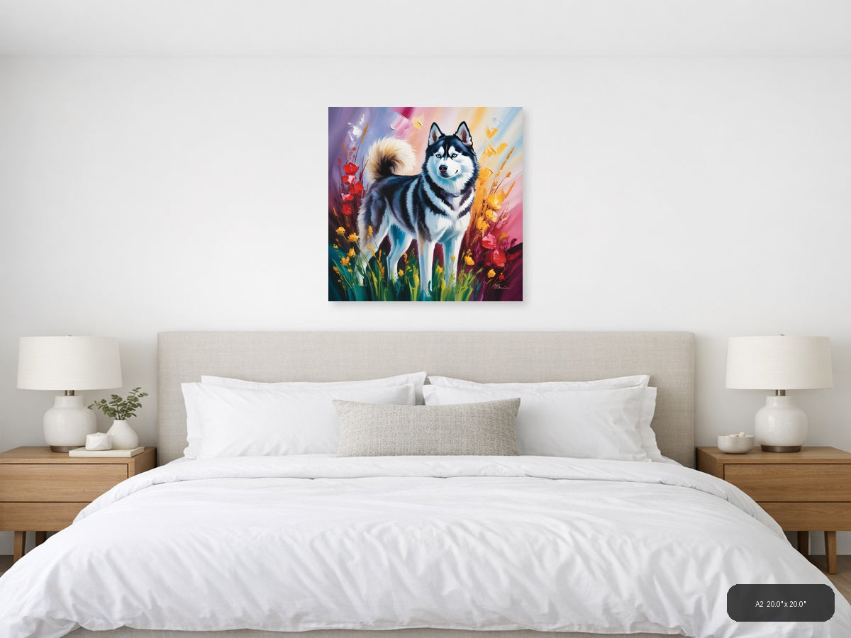 Husky Dog with Colorful Flowers Abstract Wall Art — A2 / Bedroom