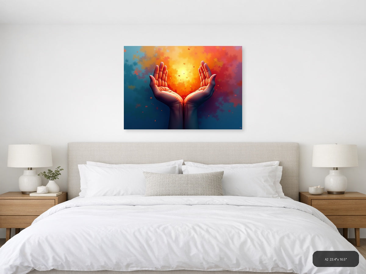 Glowing Hands Abstract Light Burst Modern Wall Art — A2 / Bedroom