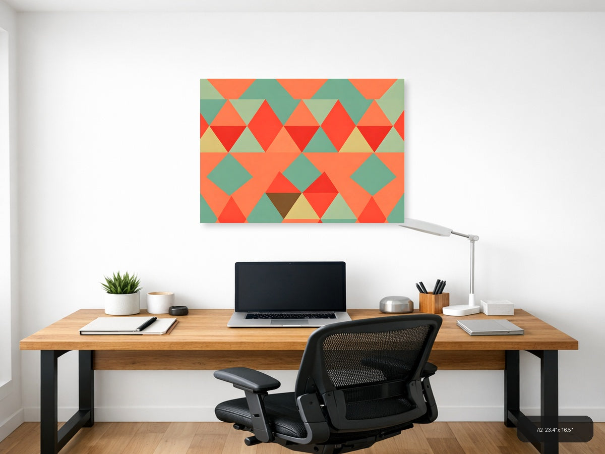 Vintage Geometric Triangle Pattern Coral Teal Wall Art — A2 / Office