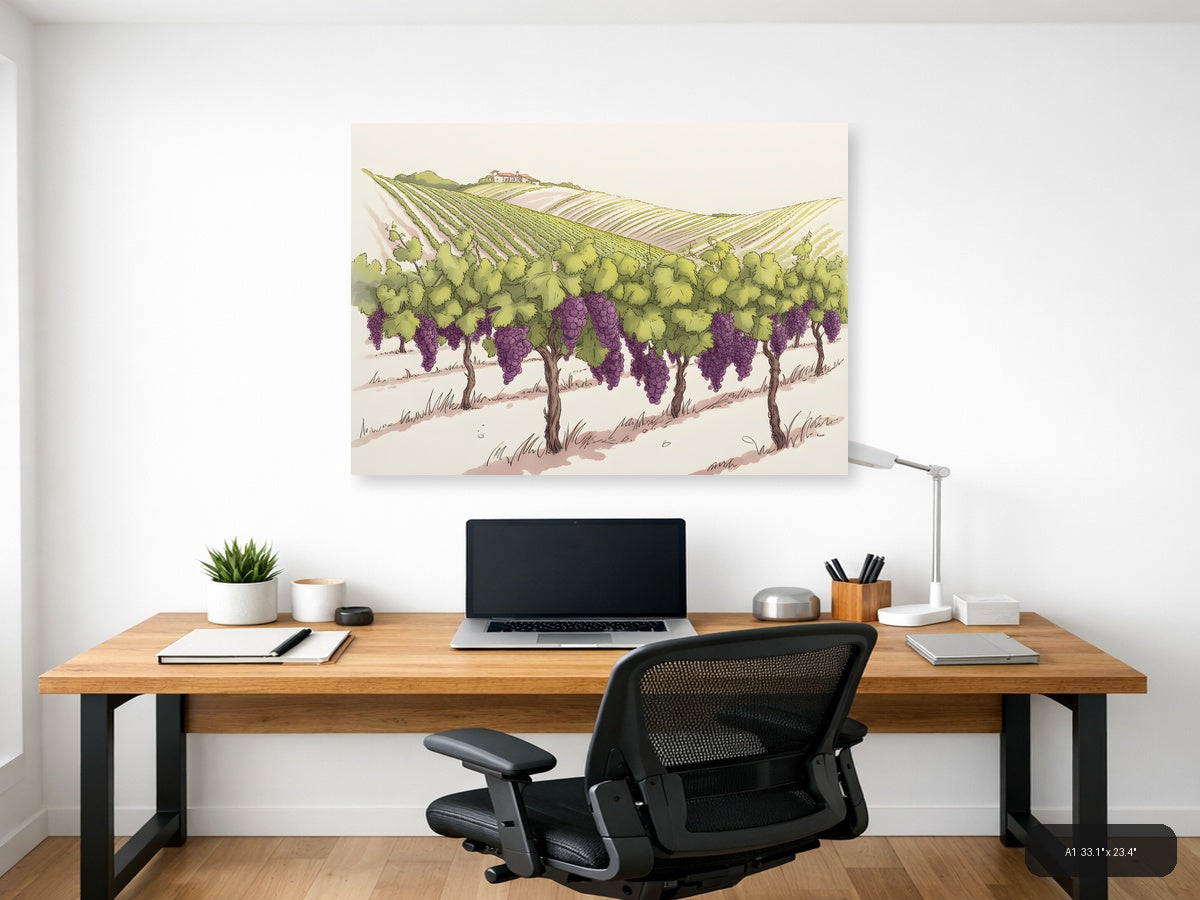 Vineyard Landscape with Purple Grapes Line Art Wall Art — A1 / Office
