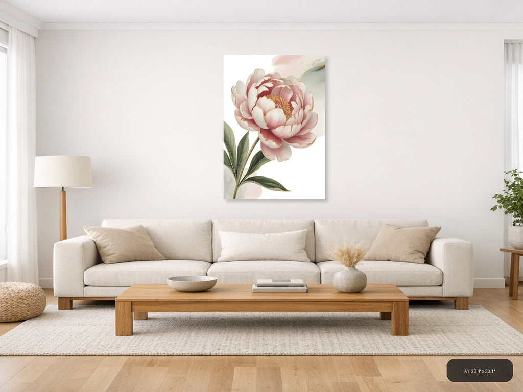 Pink Peony with Gold Accents Watercolor Wall Art — A1 / Living Room