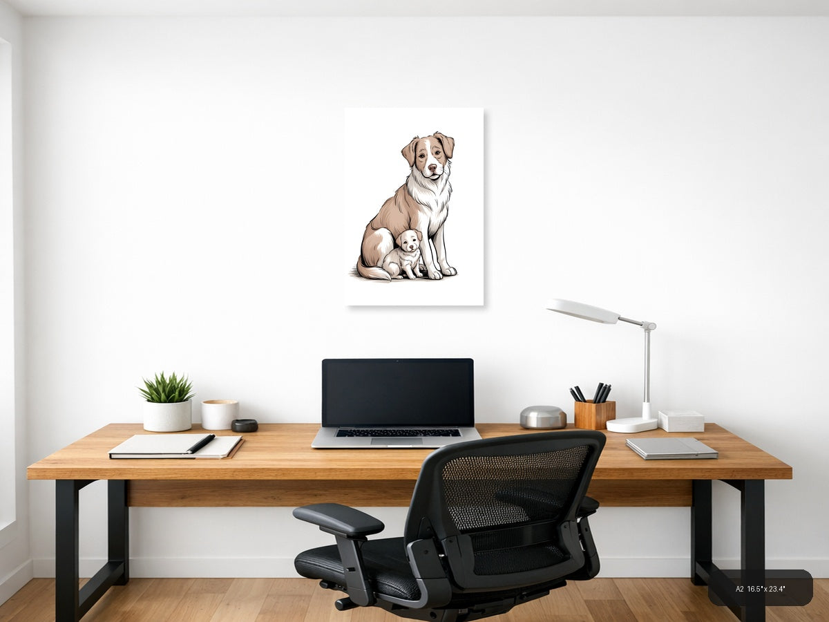 Adult Dog with Puppy Minimalist Portrait Wall Art — A2 / Office