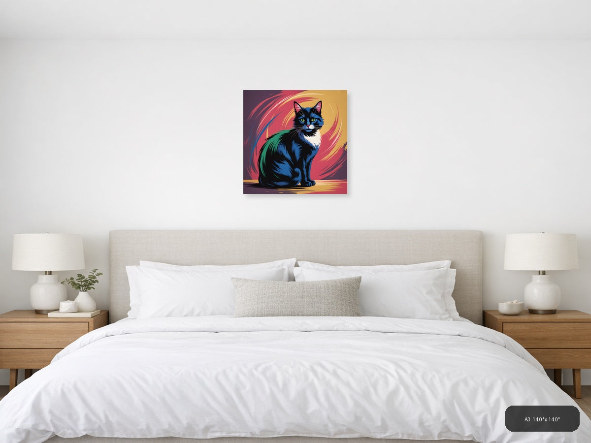 Colorful Abstract Cat Portrait with Green Eyes Wall Art — A3 / Bedroom
