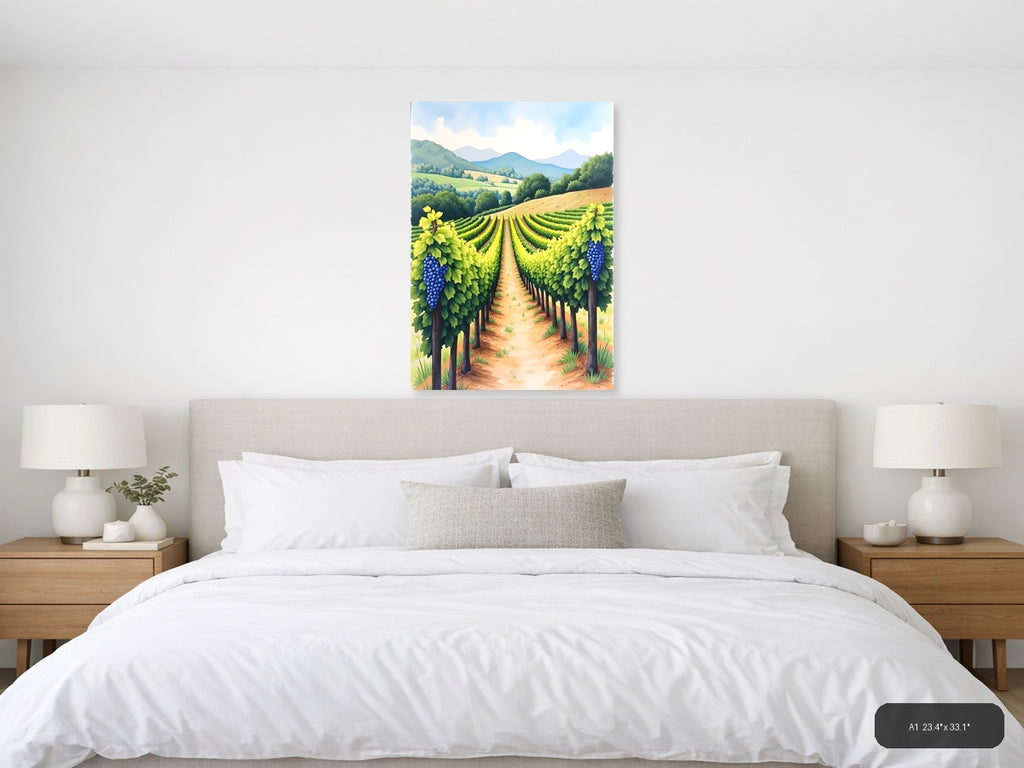 Vineyard Landscape Watercolor Wine Country Wall Art — A1 / Bedroom