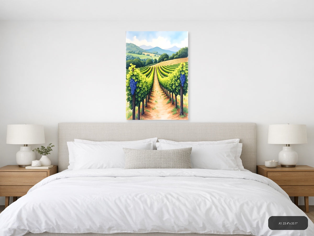 Vineyard Landscape Watercolor Wine Country Wall Art — A1 / Bedroom