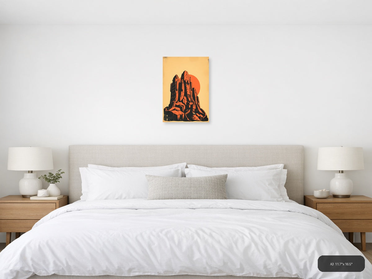 Vintage Futuristic Tower Sunset Orange Black Wall Art — A3 / Bedroom