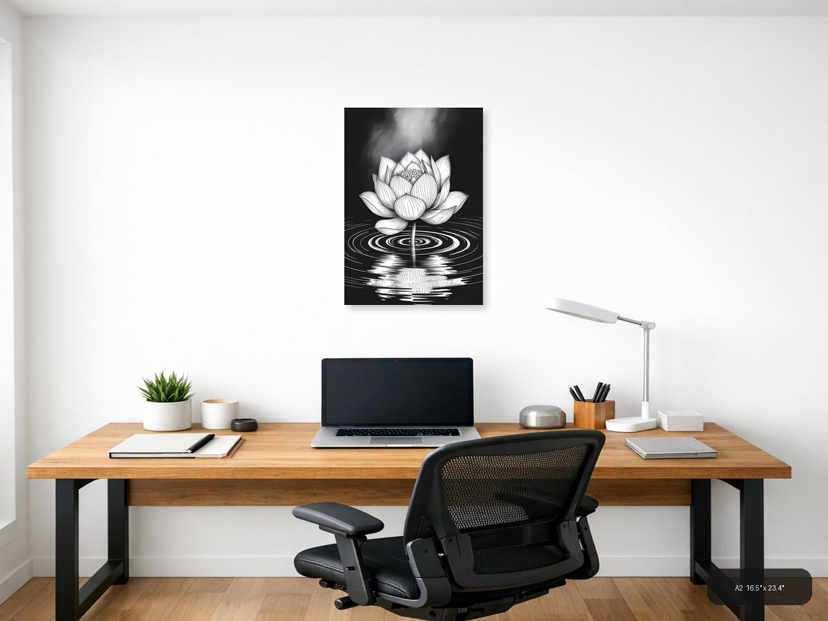 Lotus Flower Ripples Black & White Line Art Wall Art — A2 / Office