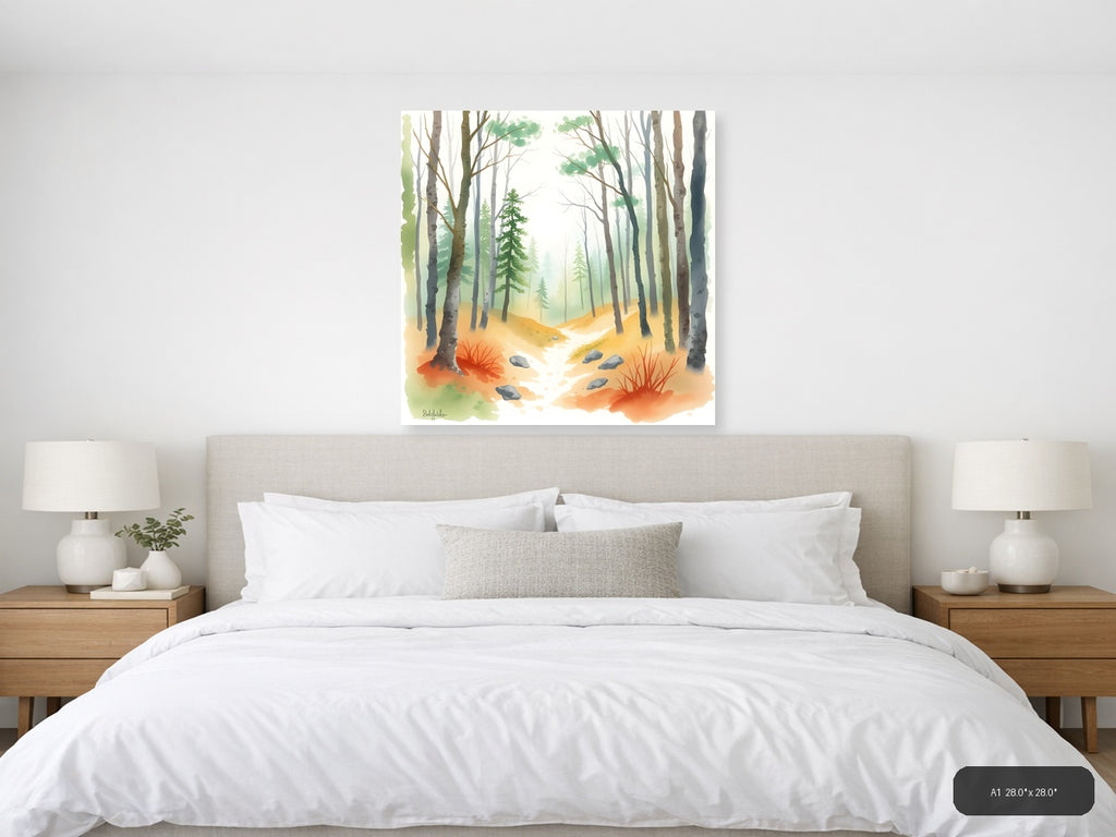 Misty Forest Stream Watercolor Wall Art — A1 / Bedroom