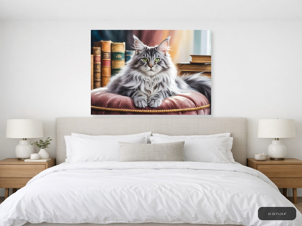 Majestic Long-Haired Cat Library Watercolor Wall Art — A1 / Bedroom