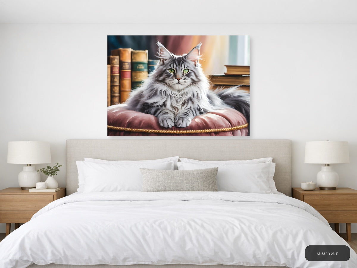 Majestic Long-Haired Cat Library Watercolor Wall Art — A1 / Bedroom