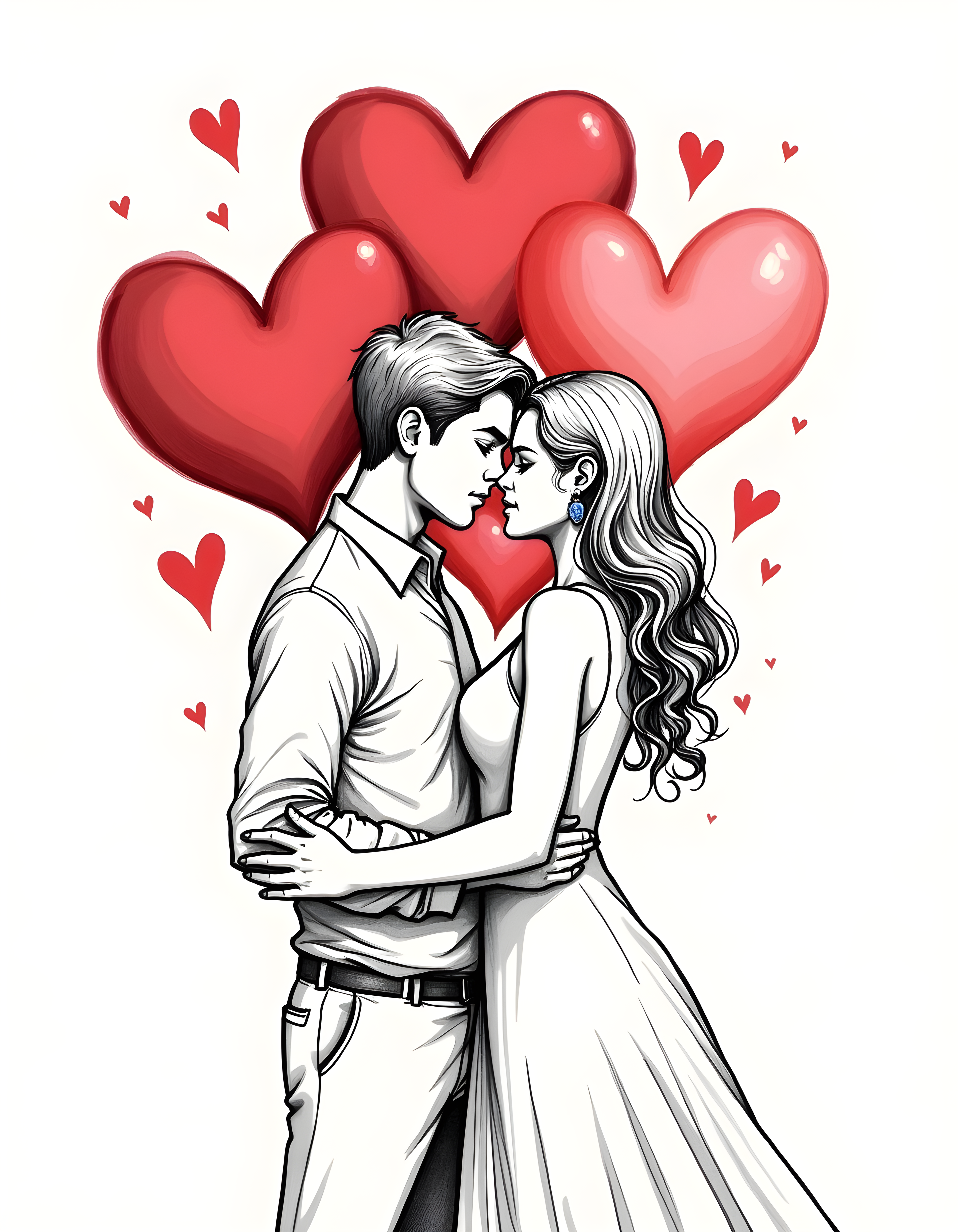 Couple Kissing Line Art with Red Hearts Wall Art