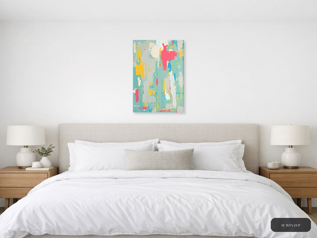Vibrant Abstract Splatter Turquoise Yellow Pink Wall Art — A2 / Bedroom