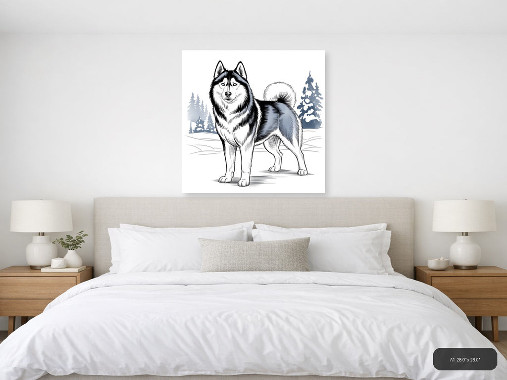Husky Winter Line Art Portrait Wall Art — A1 / Bedroom