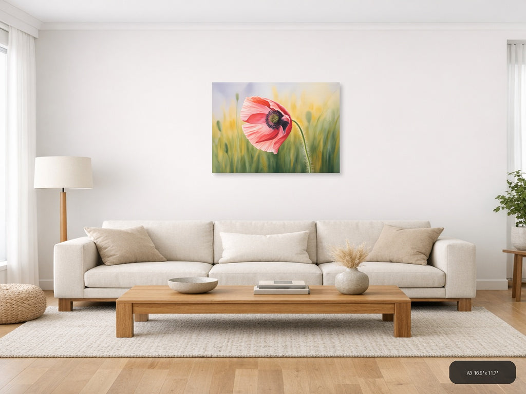 Pink Poppy Watercolor Flower Field Wall Art — A3 / Living Room