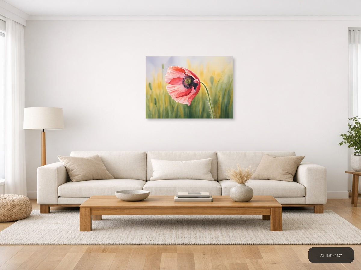 Pink Poppy Watercolor Flower Field Wall Art — A3 / Living Room