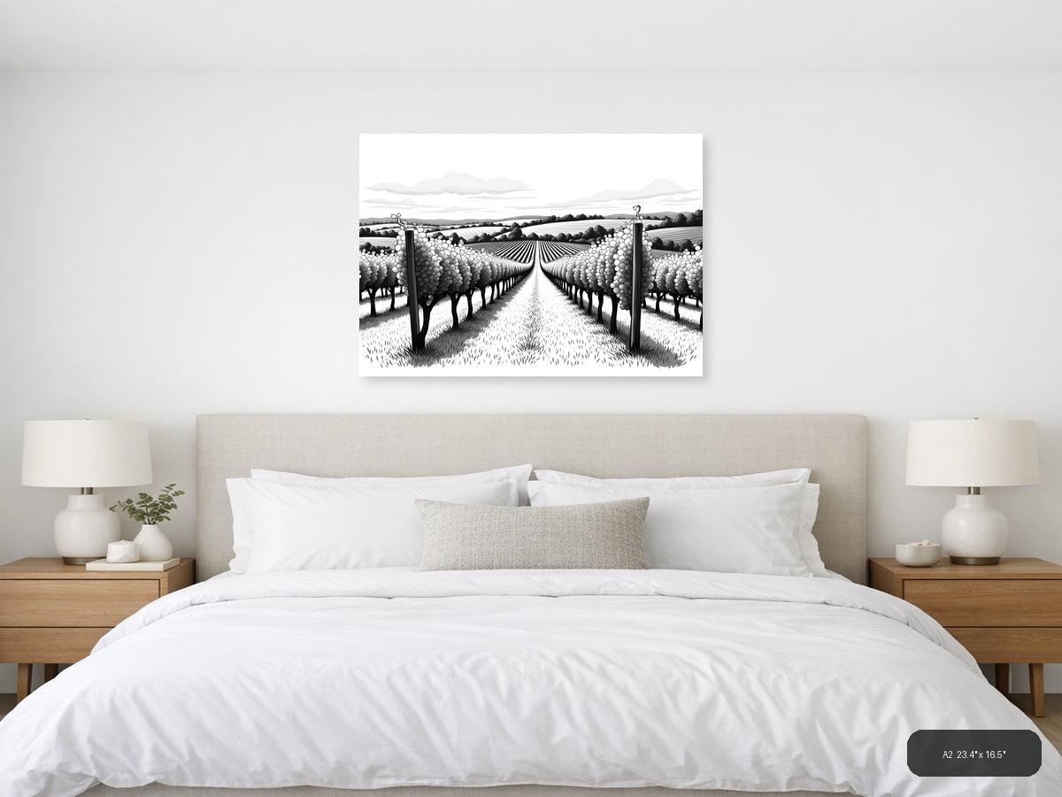 Vineyard Rows Line Art - Black & White Landscape Wall Art — A2 / Bedroom