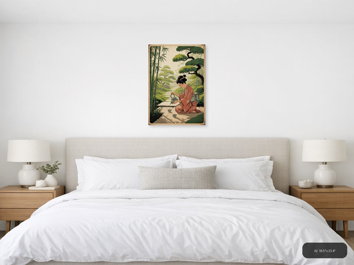 Vintage Asian Woman Pouring Tea in Garden Wall Art — A2 / Bedroom