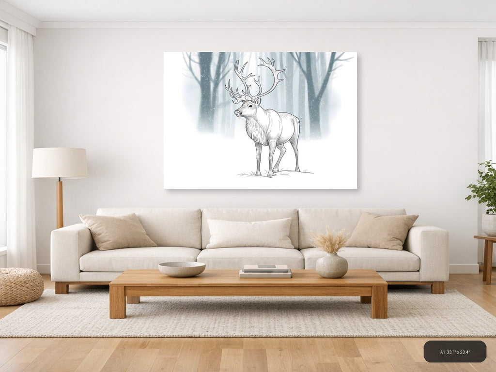 Majestic Deer with Antlers Winter Forest Line Art Wall Art — A1 / Living Room