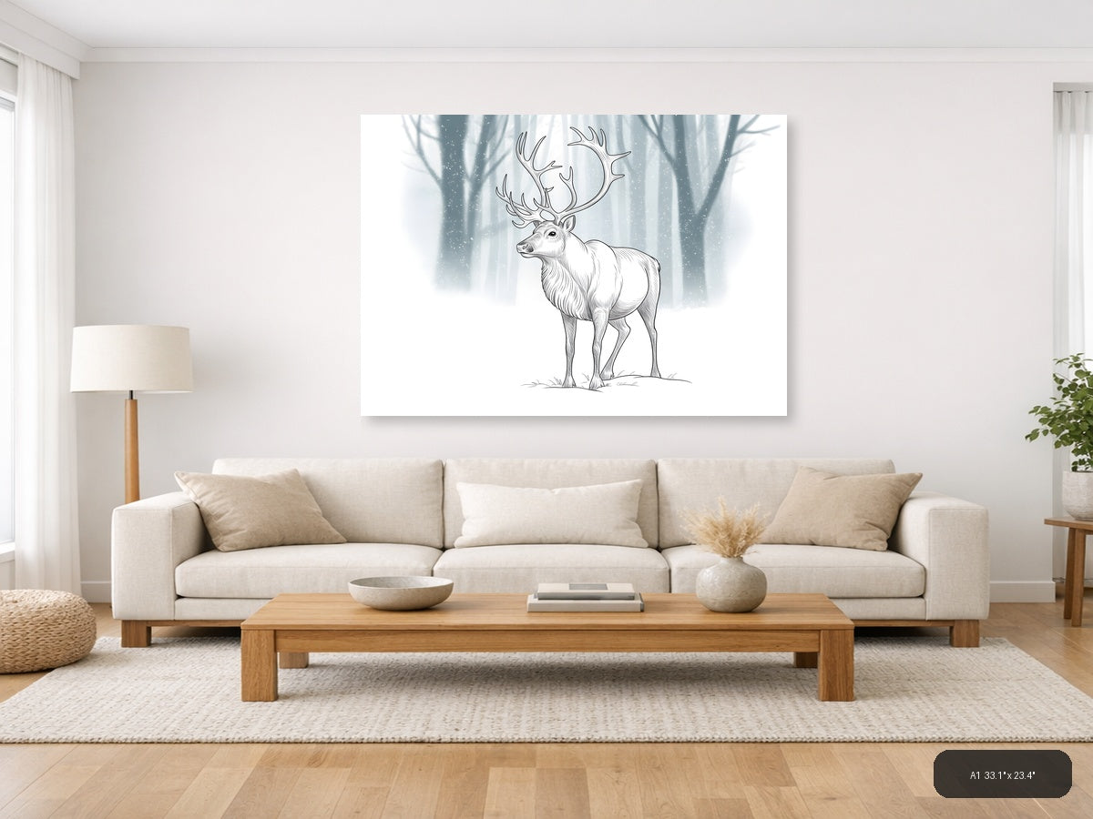 Majestic Deer with Antlers Winter Forest Line Art Wall Art — A1 / Living Room