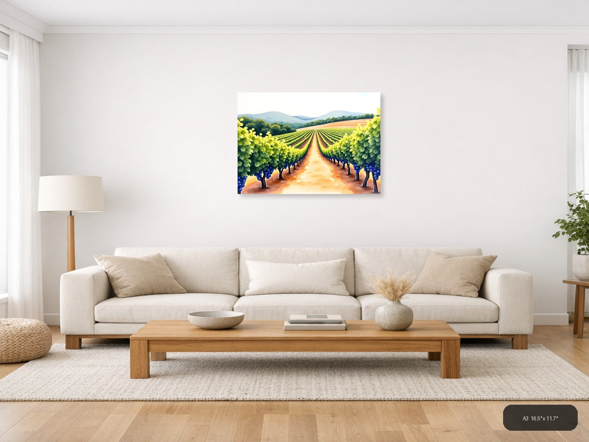 Vineyard Landscape Watercolor Wall Art — A3 / Living Room