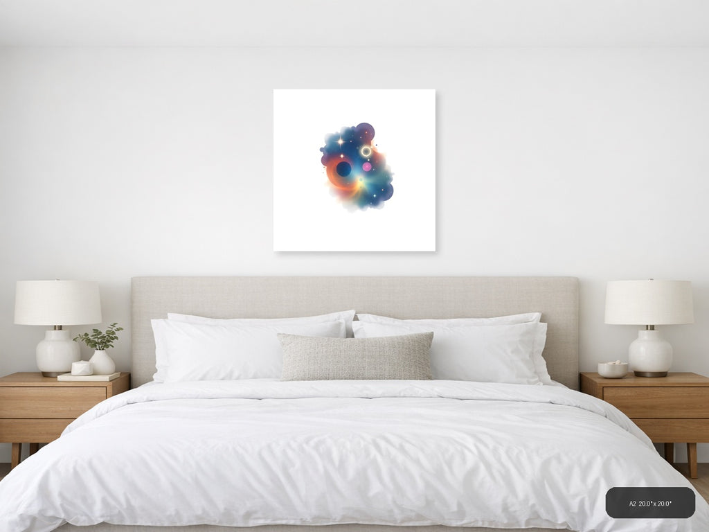 Minimalist Cosmic Nebula with Glowing Orbs Wall Art — A2 / Bedroom