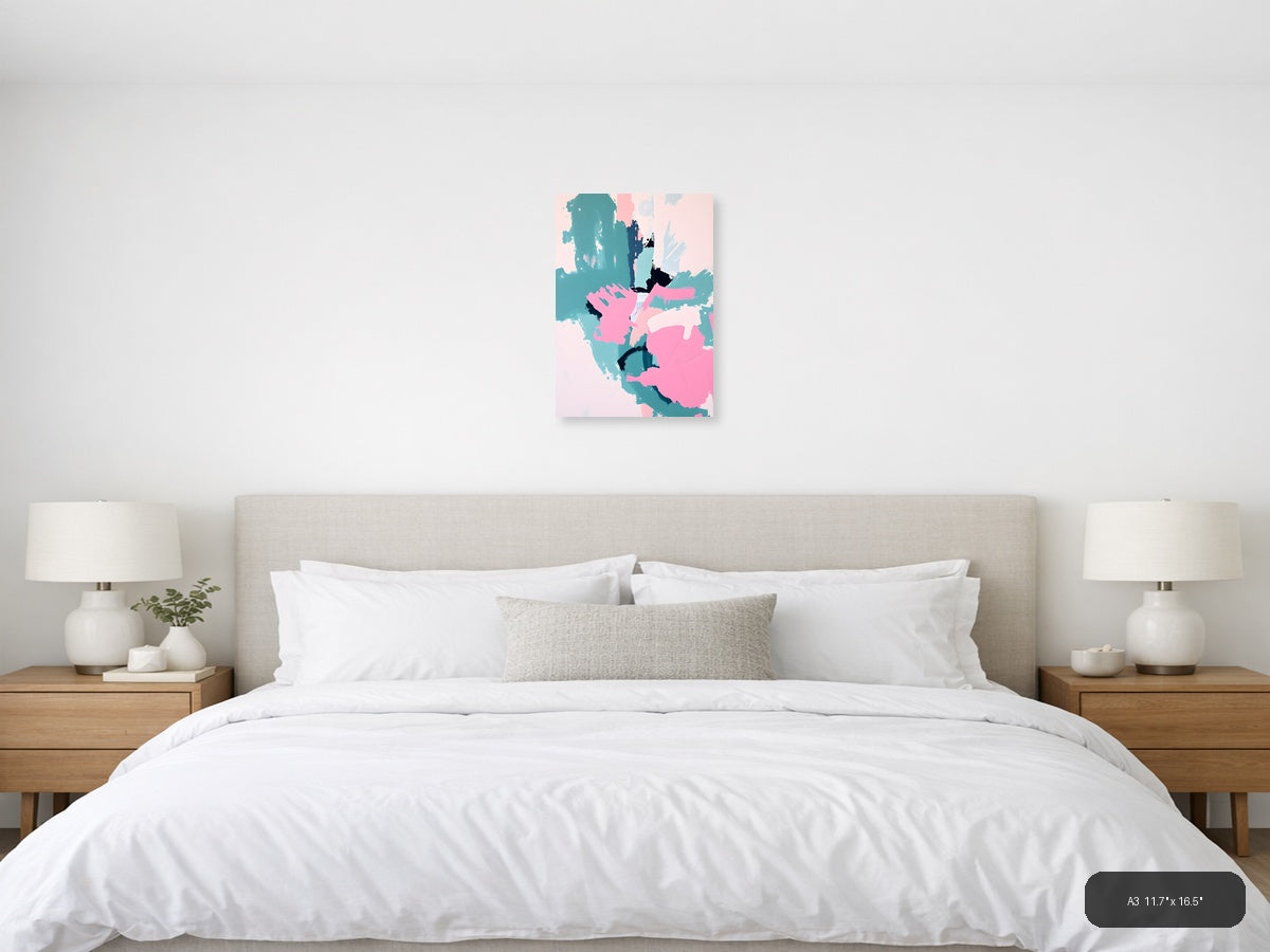 Abstract Teal Pink Black Brushstroke Map Wall Art — A3 / Bedroom