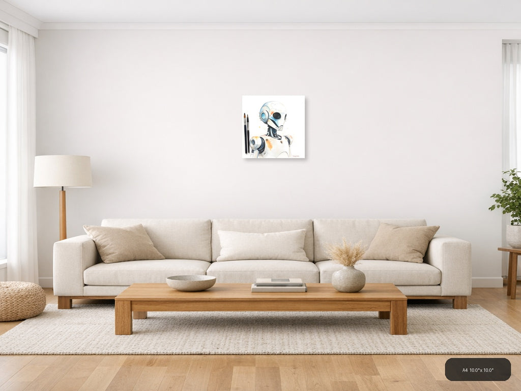 Futuristic Robot Portrait Watercolor Wall Art — A4 / Living Room