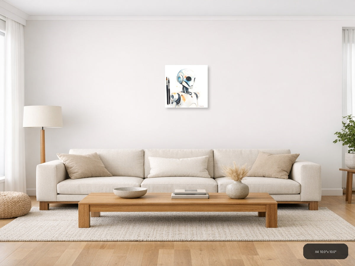 Futuristic Robot Portrait Watercolor Wall Art — A4 / Living Room