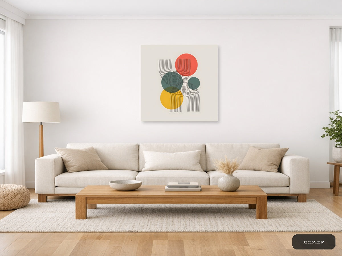 Abstract Geometric Line Art with Colourful Circles Wall Art — A2 / Living Room