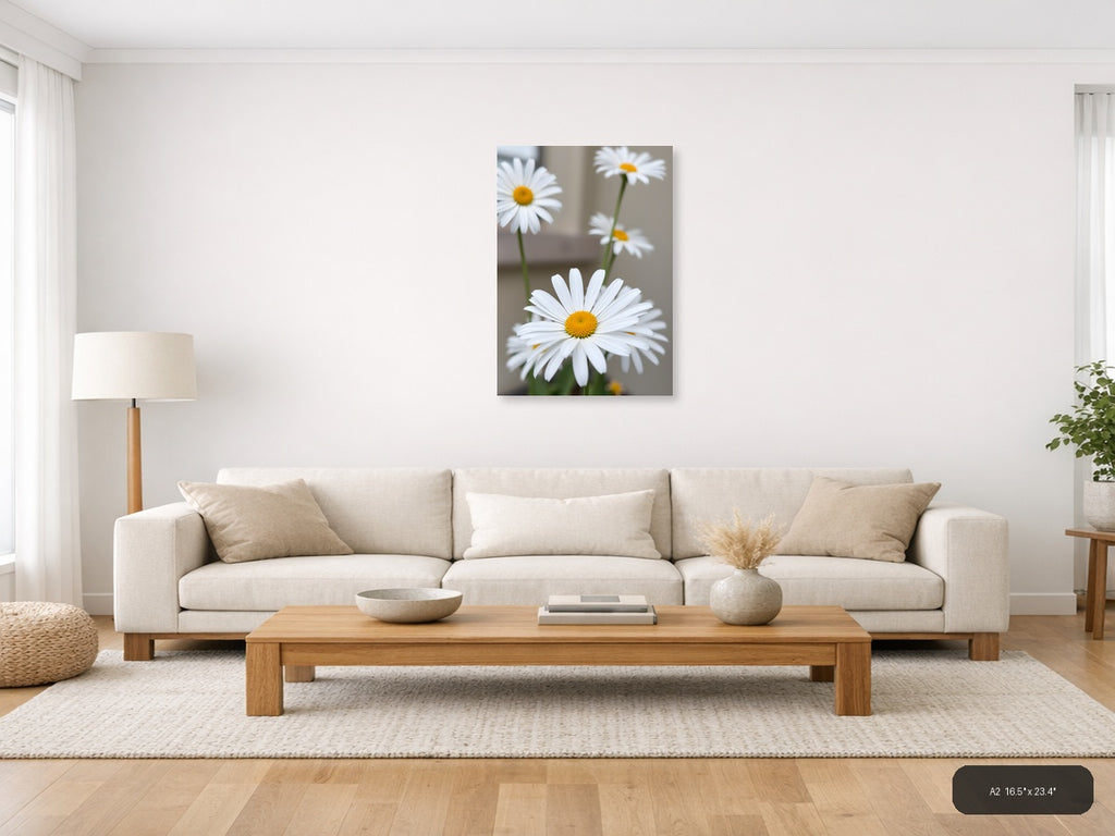 White Daisies with Yellow Centers Minimalist Wall Art — A2 / Living Room