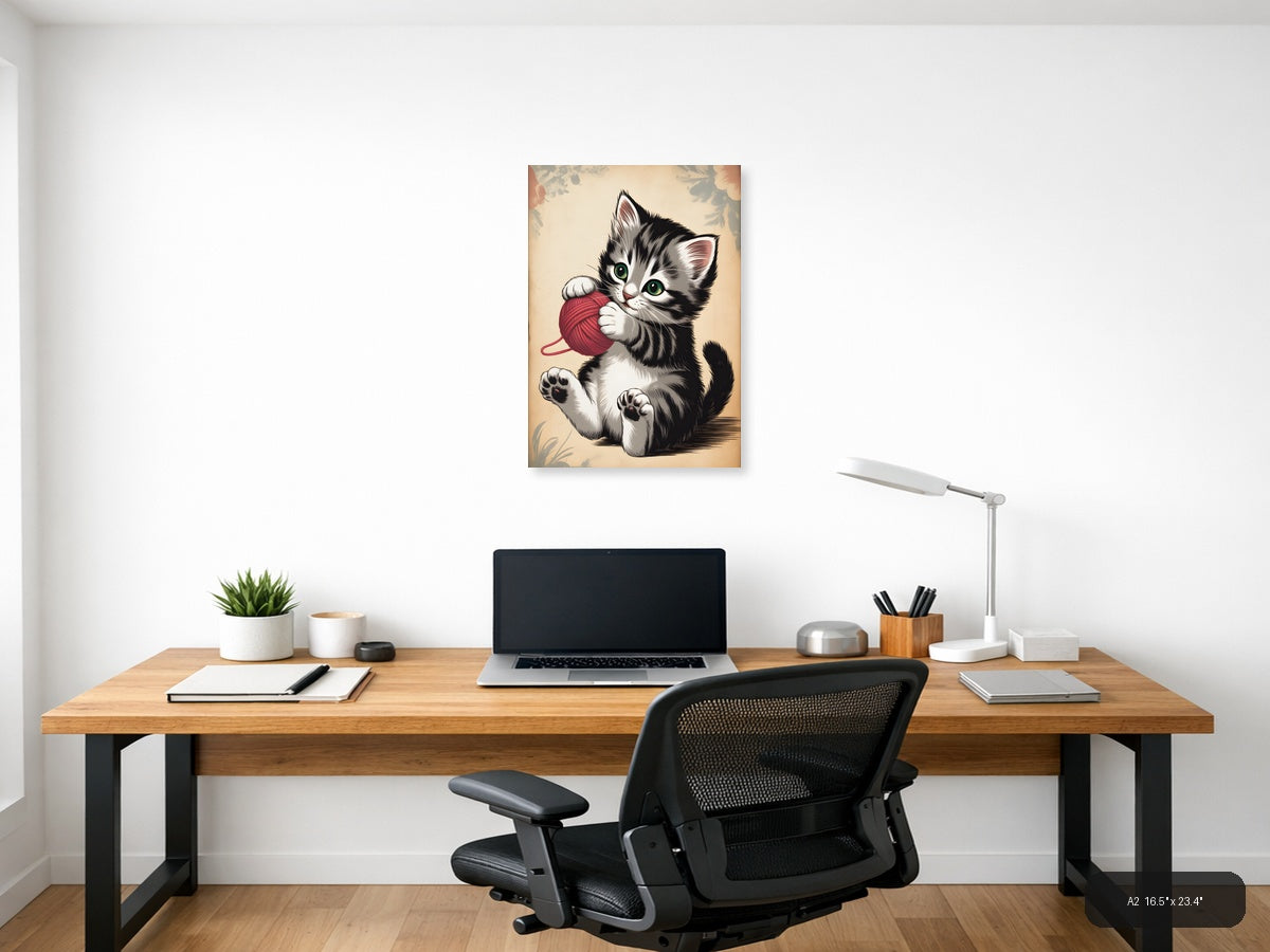 Playful Kitten with Red Yarn Ball Vintage Wall Art — A2 / Office