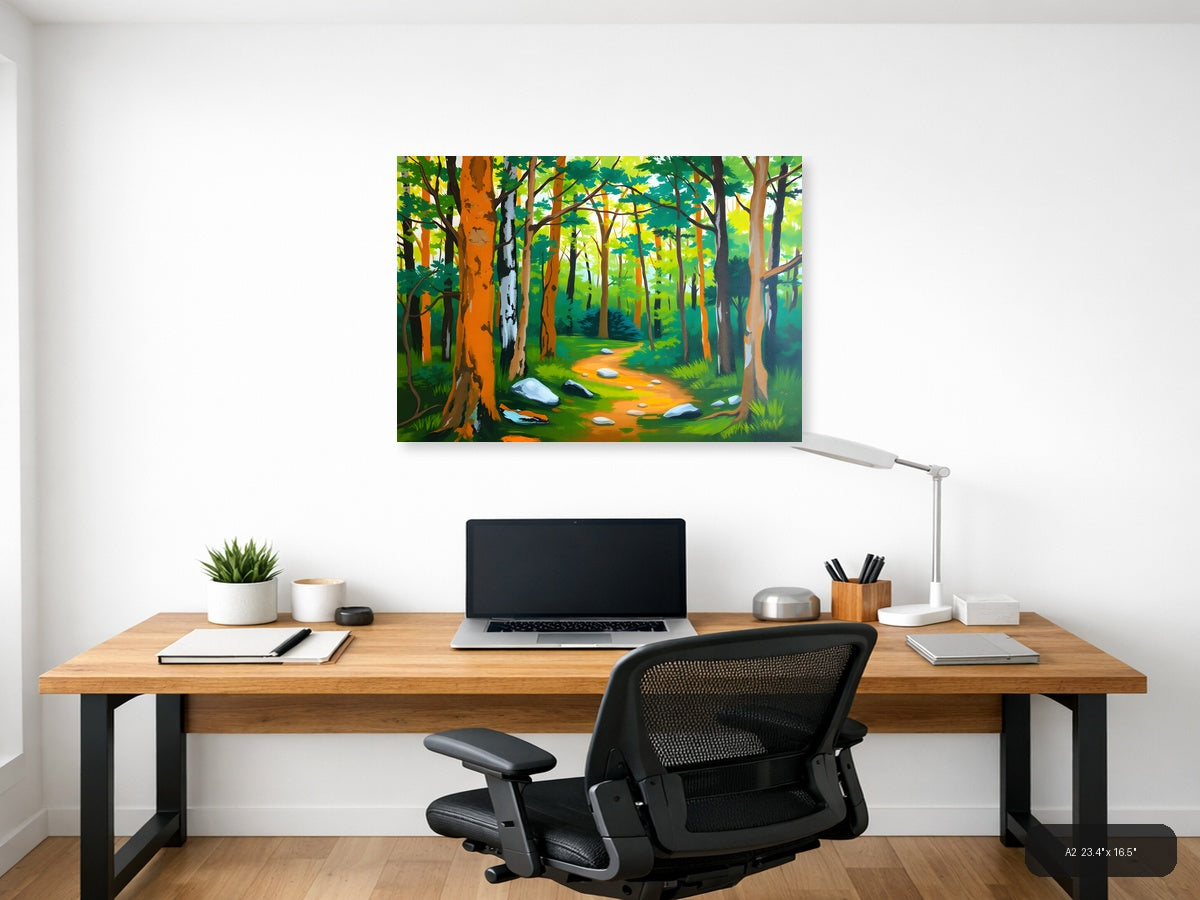 Forest Path Abstract - Vibrant Trees & Stones Wall Art — A2 / Office