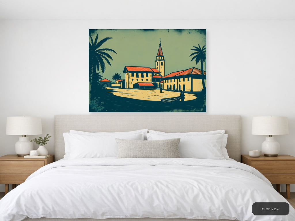 Vintage Tropical Church Landscape Wall Art — A1 / Bedroom