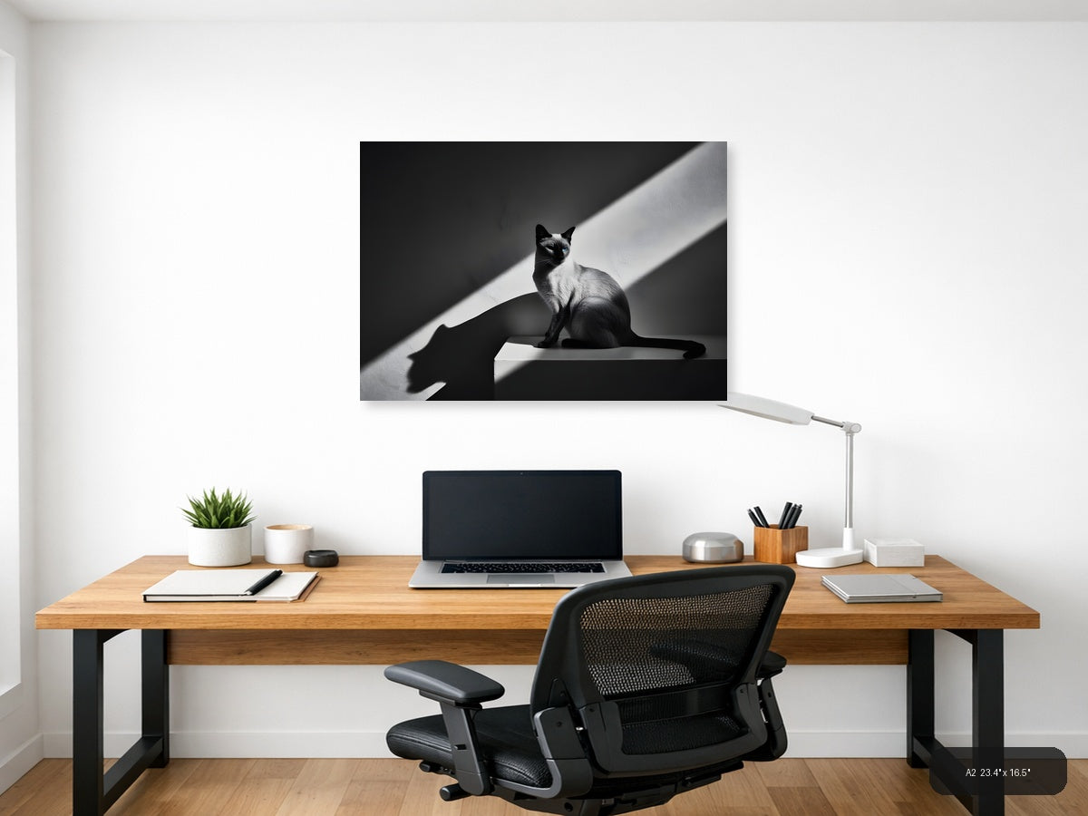 Siamese Cat in Sunlight - Black White Photography Wall Art — A2 / Office