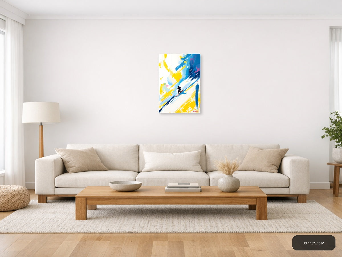 Abstract Skier in Blue & Yellow Strokes Wall Art — A3 / Living Room
