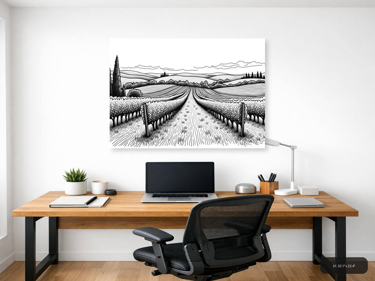Tuscan Vineyard Landscape Line Art Wall Art — A1 / Office
