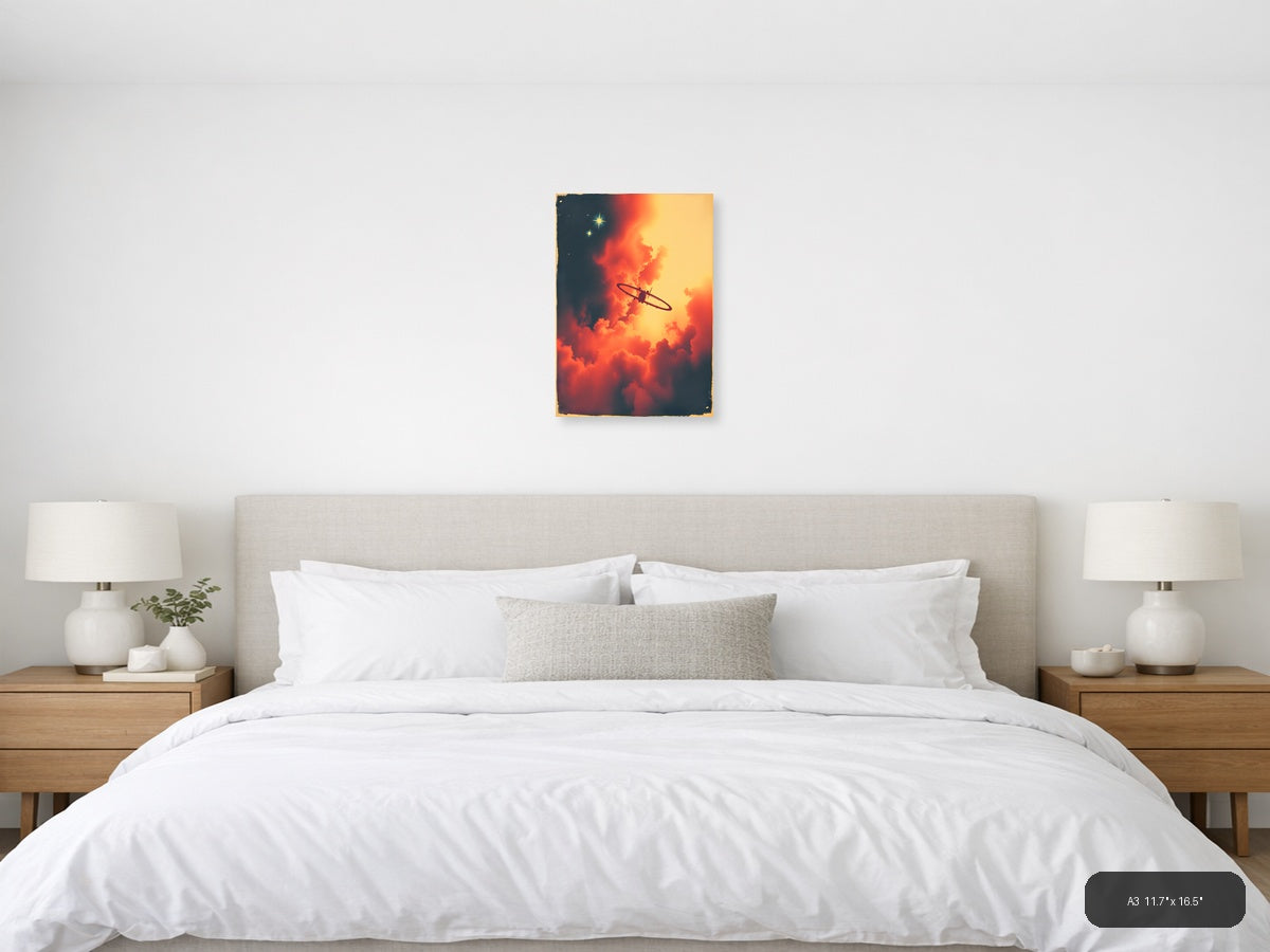 Vintage Spitfire Plane Sunset Clouds Wall Art — A3 / Bedroom