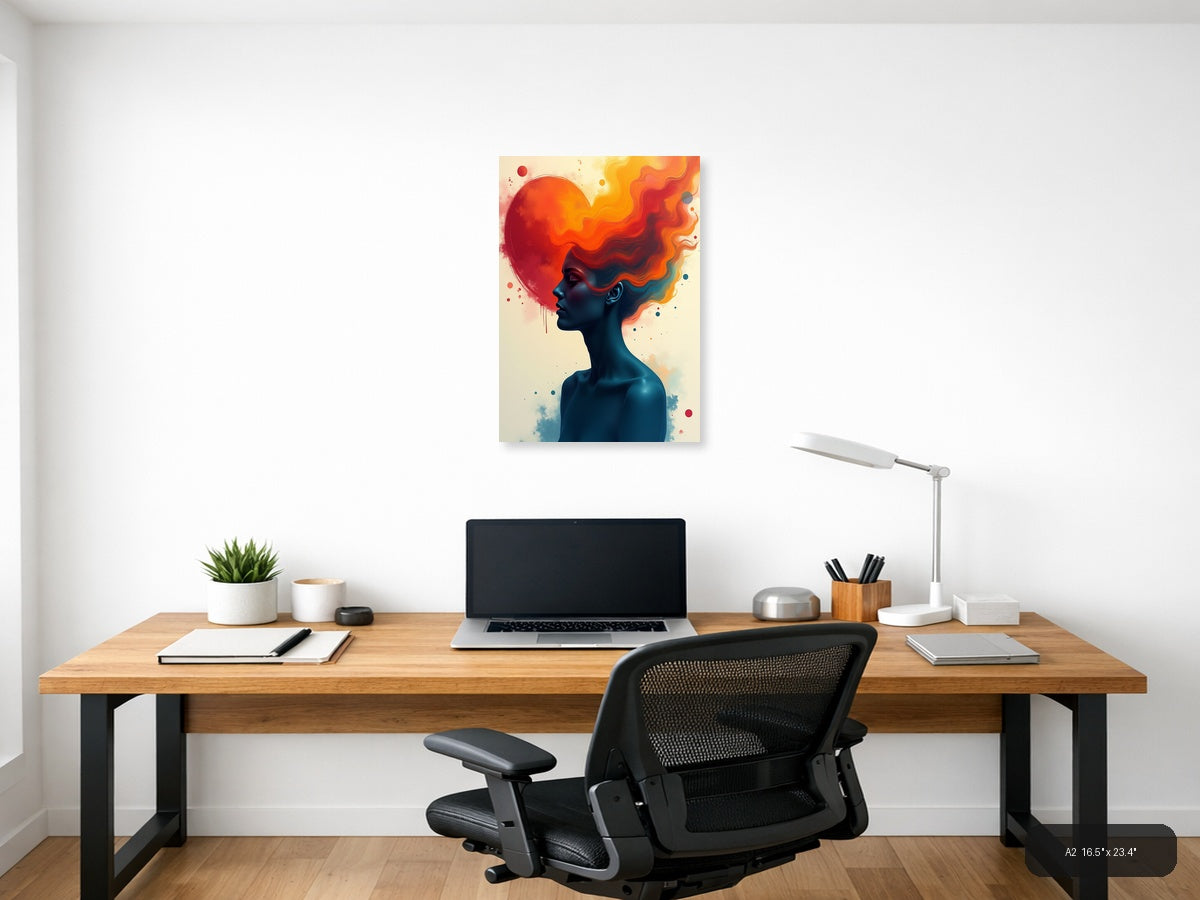 Abstract Silhouette with Flowing Fire Hair Wall Art — A2 / Office