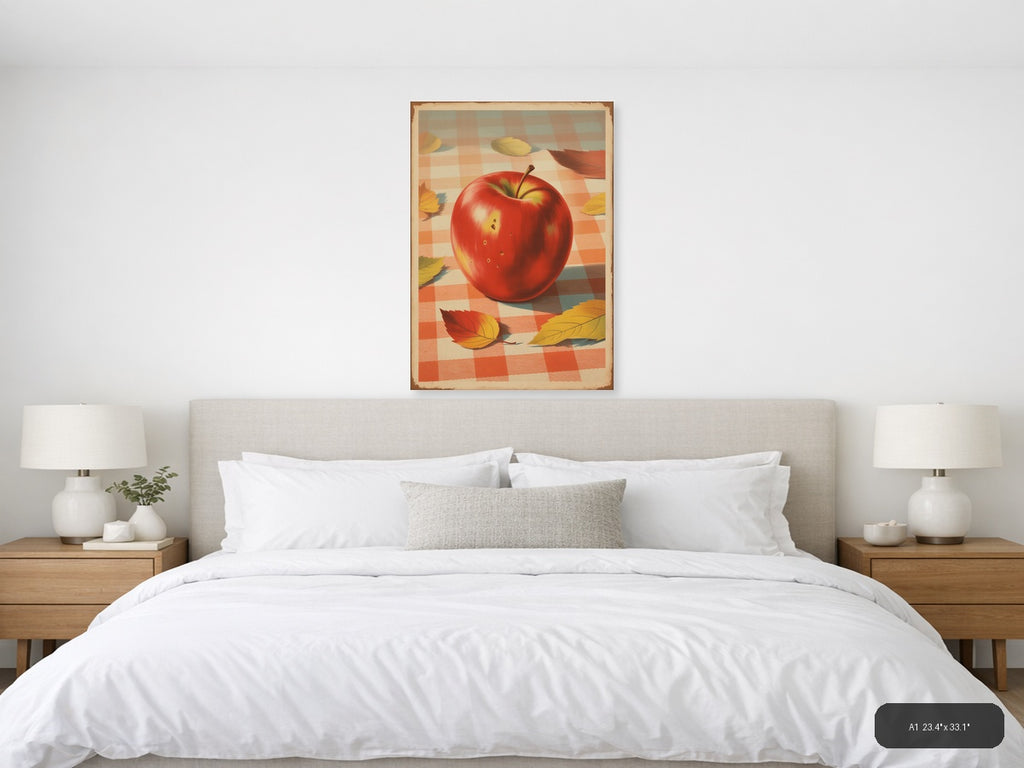 Red Apple with Autumn Leaves Vintage Checkered Wall Art — A1 / Bedroom